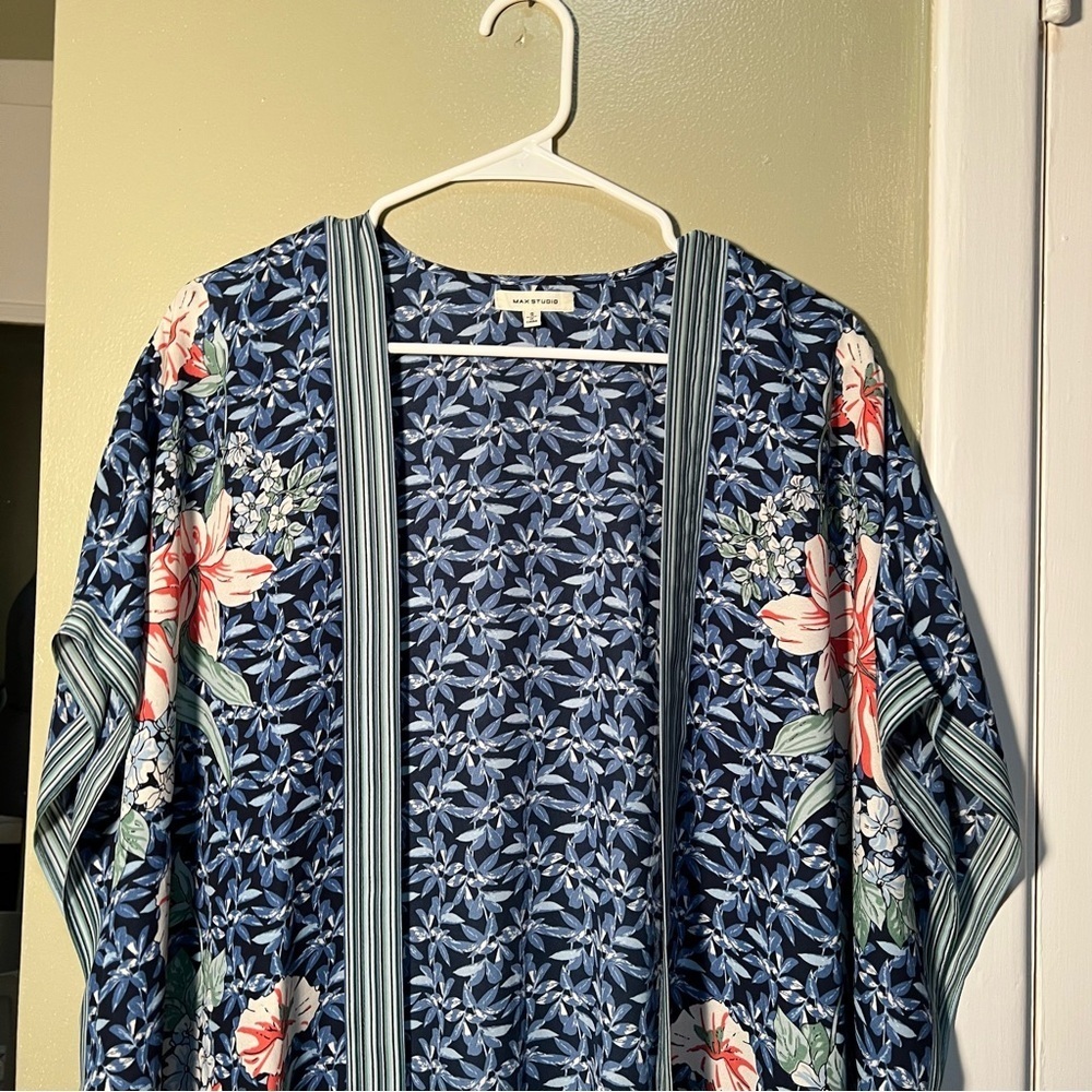 Max Studio Women's Size Small Kimono Caftan Blue Pink Floral Striped Open Front - Picture 3 of 10